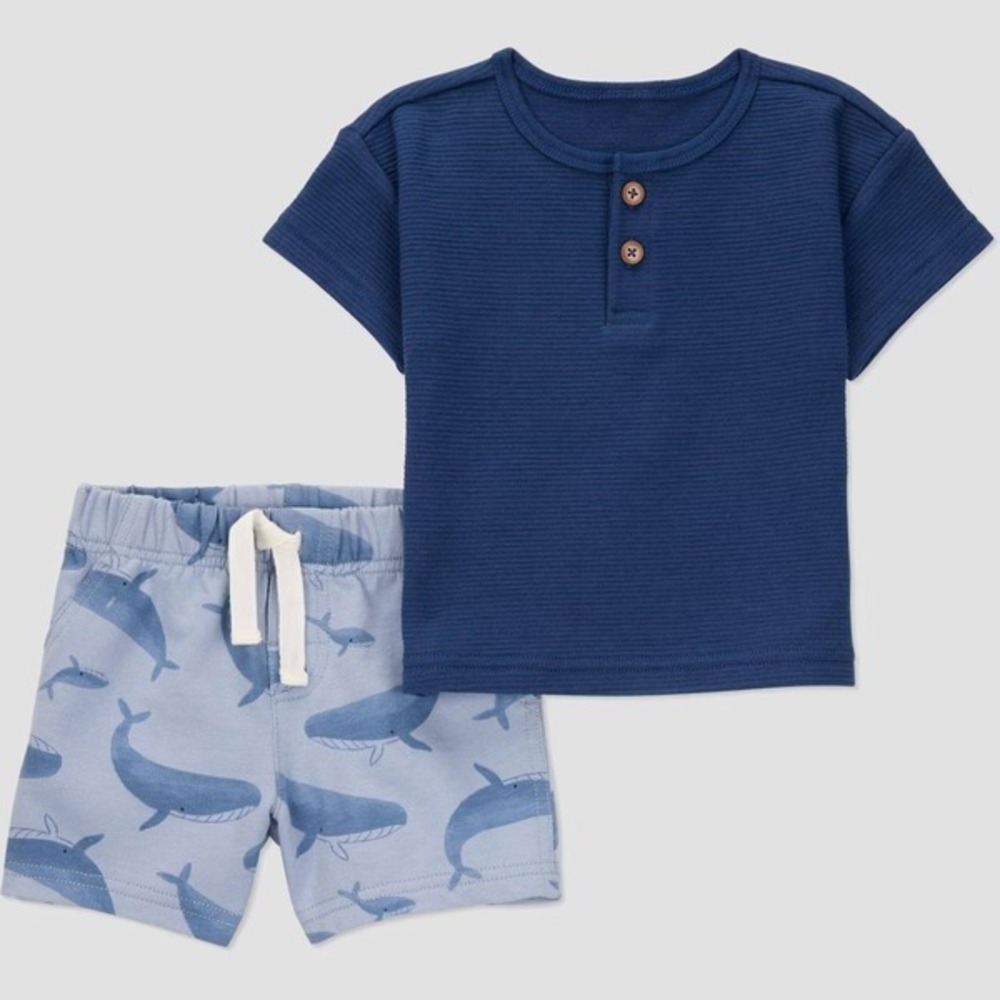 Carter's Boys Whale Print Outfit Shorts Henley Set Navy Blue Summer NEW 3 Months